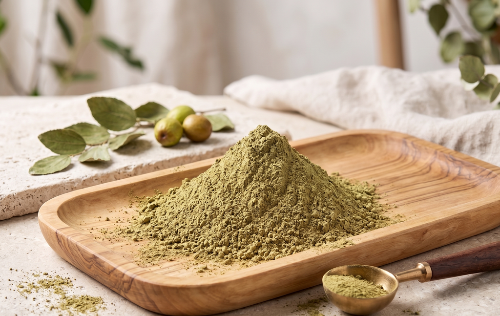 Green Sidr powder on a wooden tray with a spoon and leaves in the background
