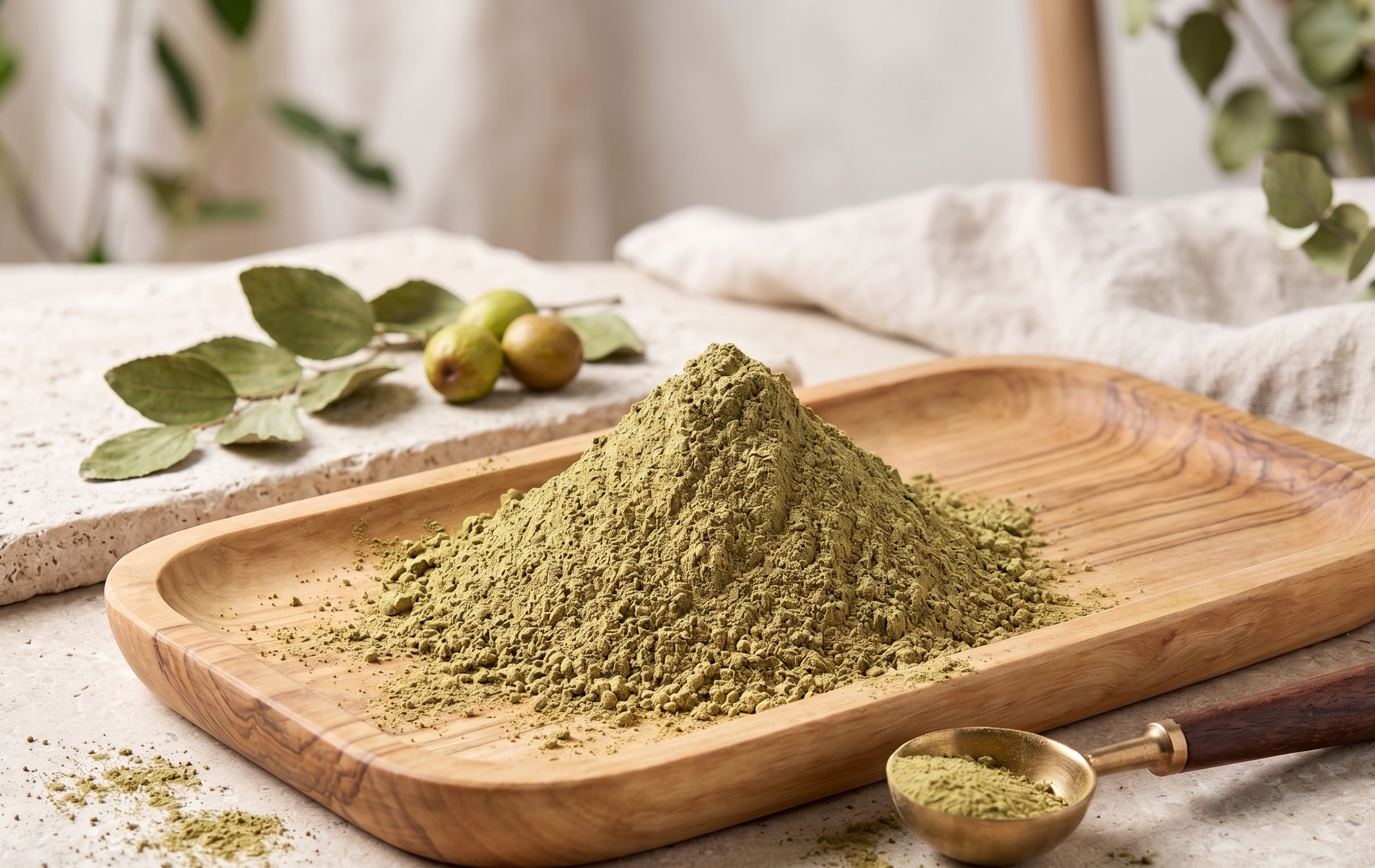 Green Sidr powder on a wooden tray with a spoon and leaves in the background