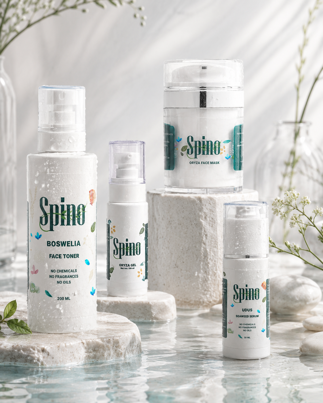Spino Radiance Plus skincare bundles on a reflective surface with a blurred natural background