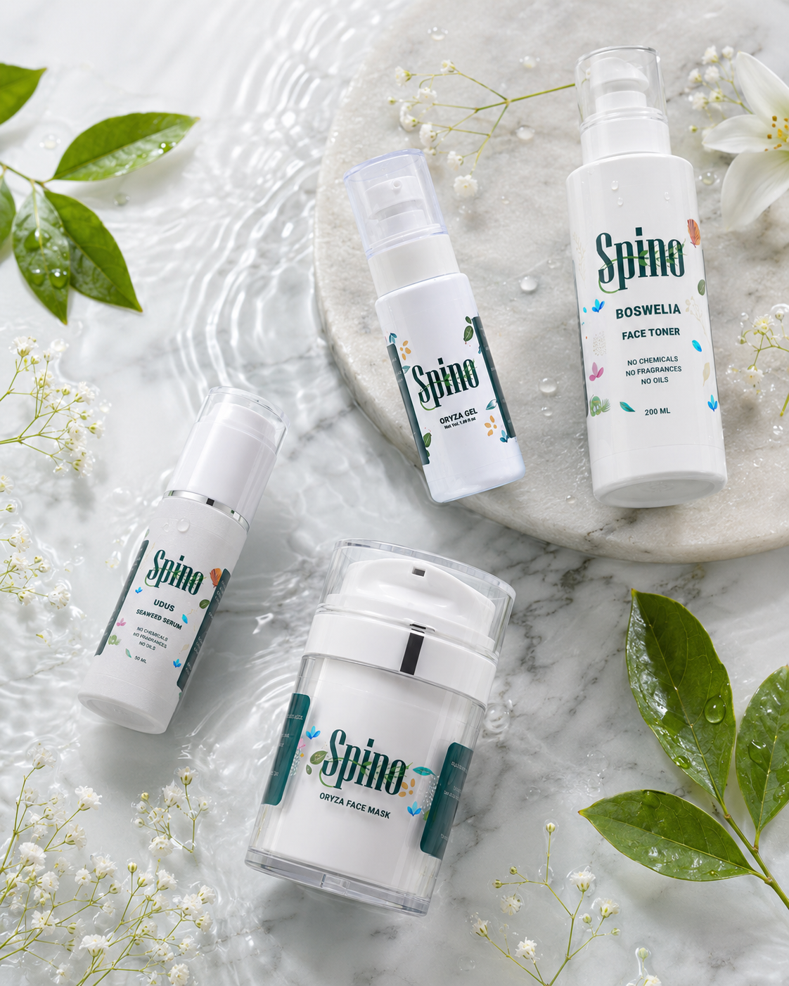 Spino Radiance Plus skincare bundle on a marble surface with leaves and flowers