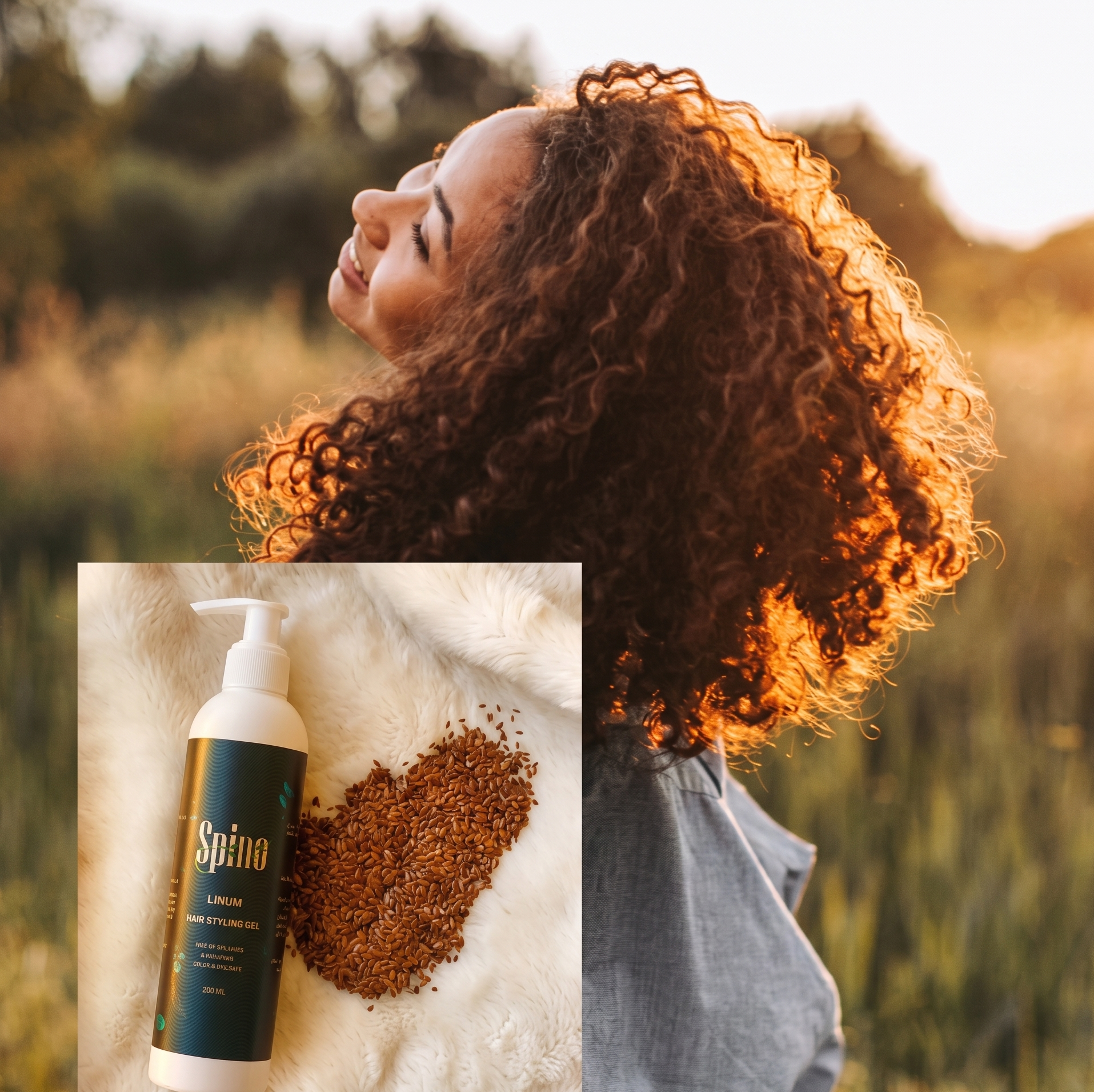 Woman with curly hair in a field, with a close-up of a product labeled 'Spino' inset.
