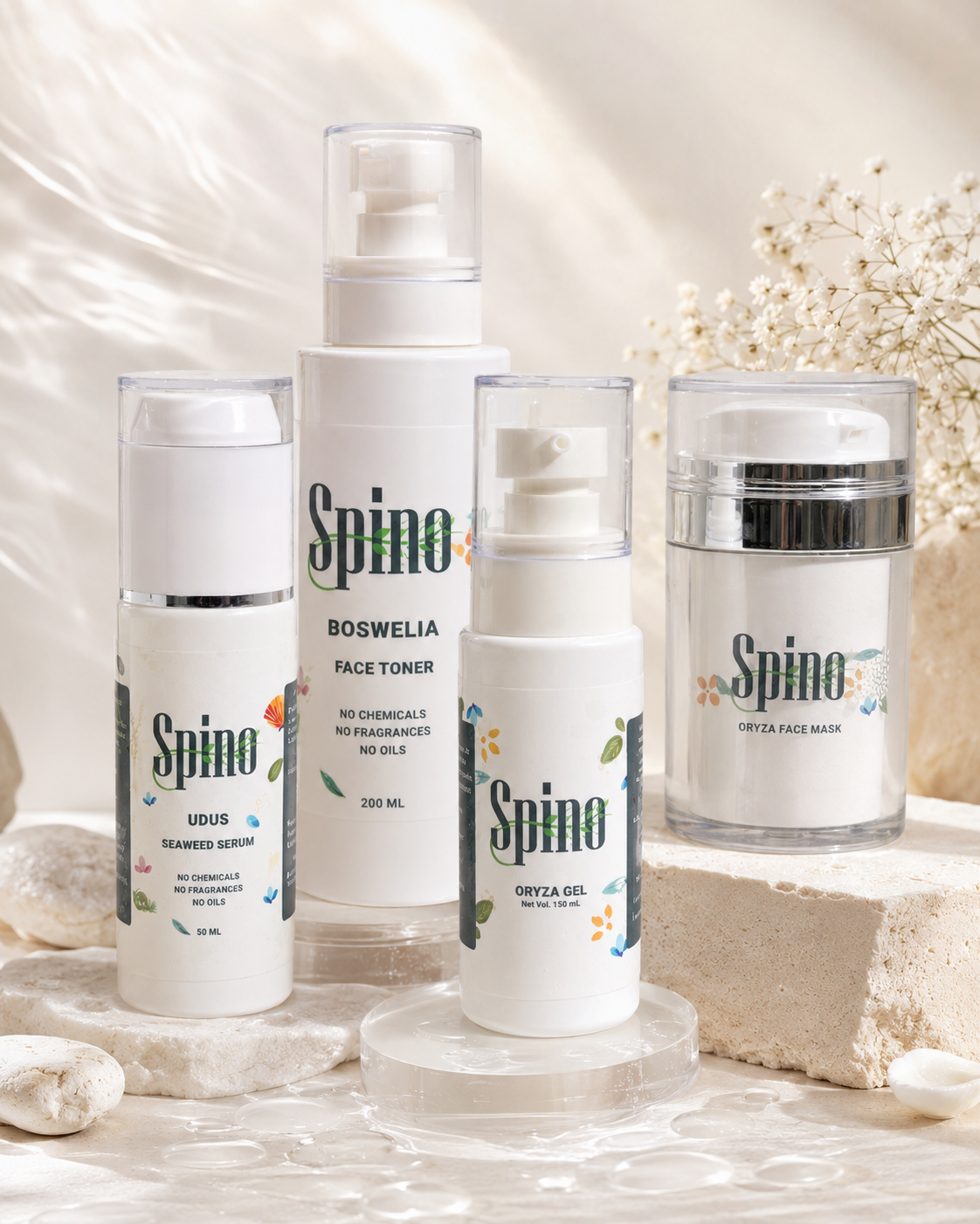 Spino skincare complete RP bundle products on a neutral background