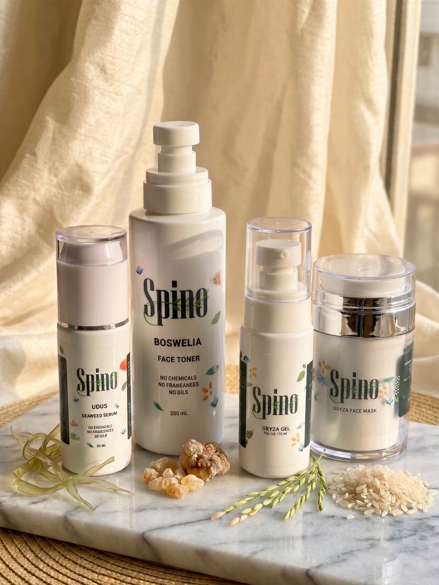 Spino skincare complete set products on a marble surface with a neutral background