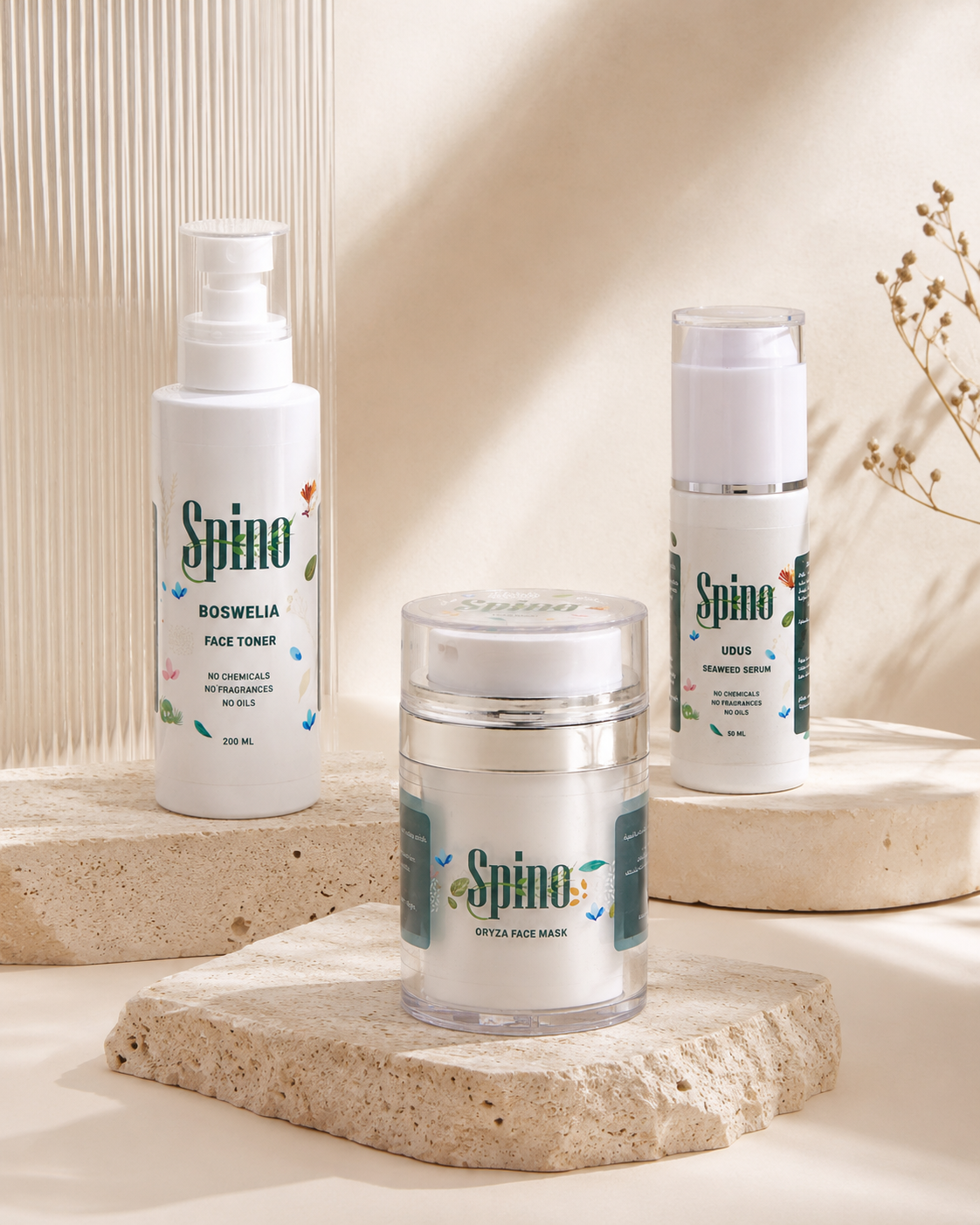 Spino skincare bundle on beige marble