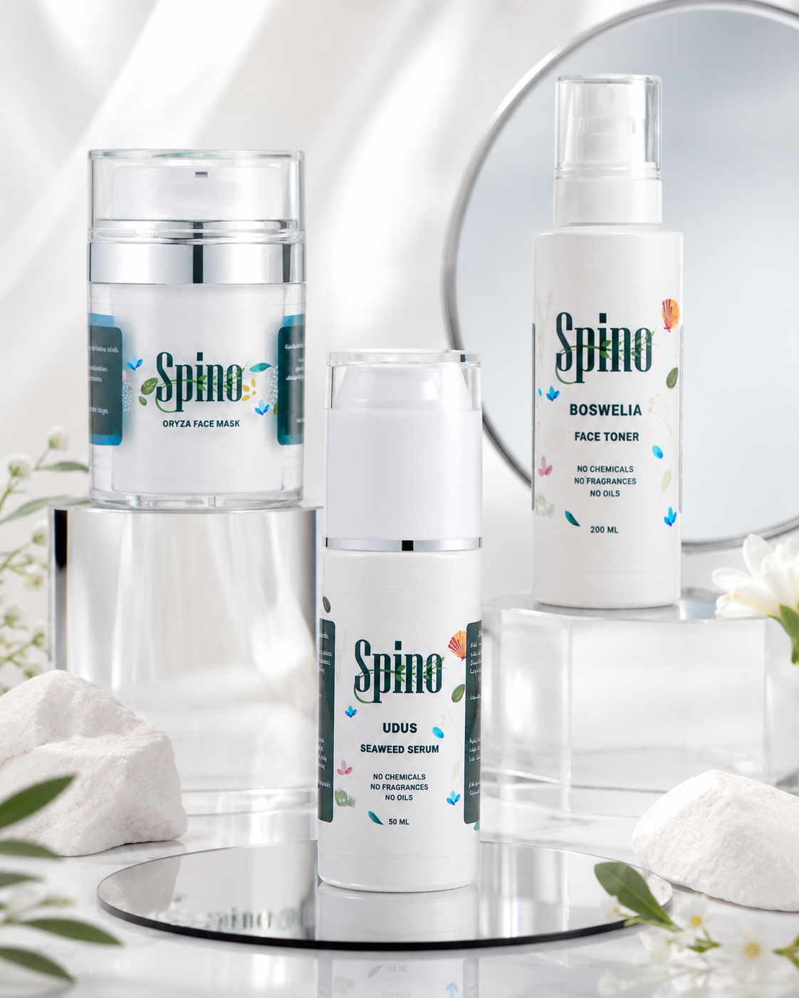 Spino skincare bundle in elegant still view